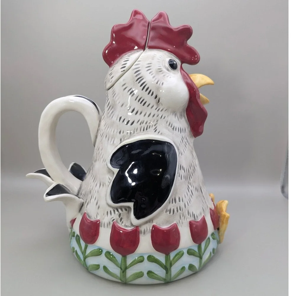 Blue Sky Heather Goldminc Rooster Teapot‎ Ceramic Farmhouse Tulip 2018 White Red